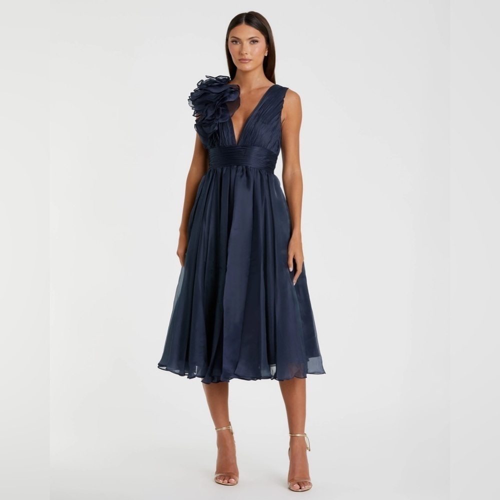 MAC DUGGAL NWT 49494 Blue Sleeveless Chiffon A-Line Tea Length Cocktail Dress